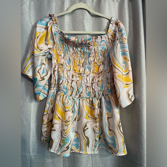 Chenault Yellow and Blue Smocked Flutter Sleeve Blouse - Picture 3 of 5